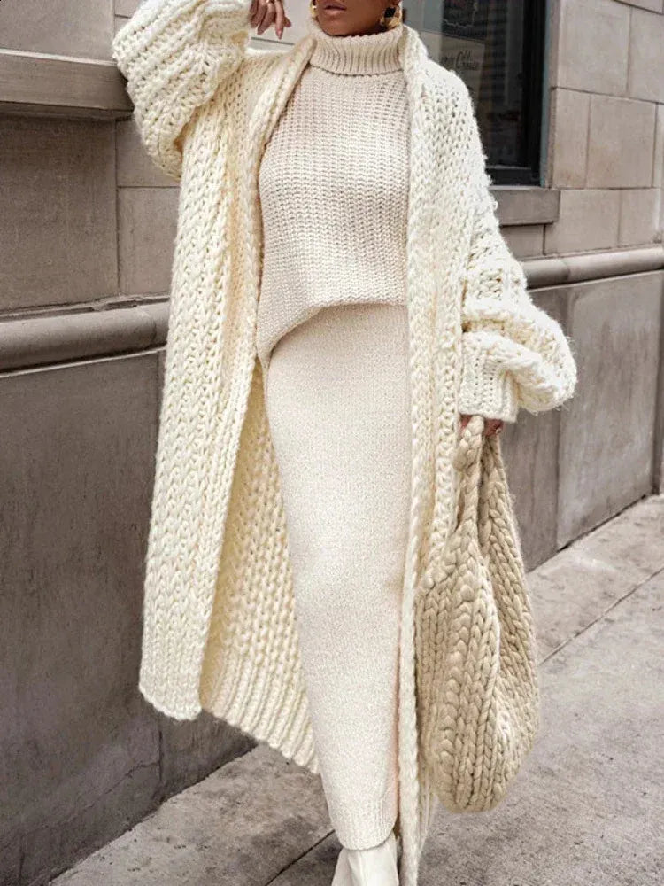 Winter Warm Comfort Cream Knit Long Cardigan