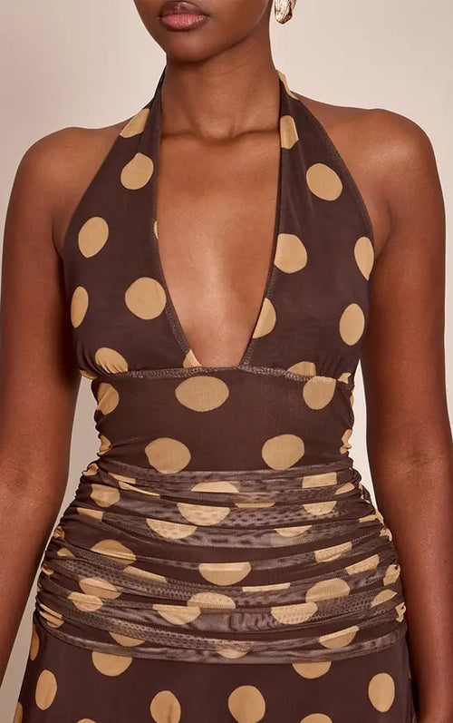 Contrast Polka Dot Halterneck Mini Dress