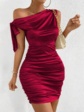 Glamorous One-Shoulder Ruched Satin Bodycon Mini Dress