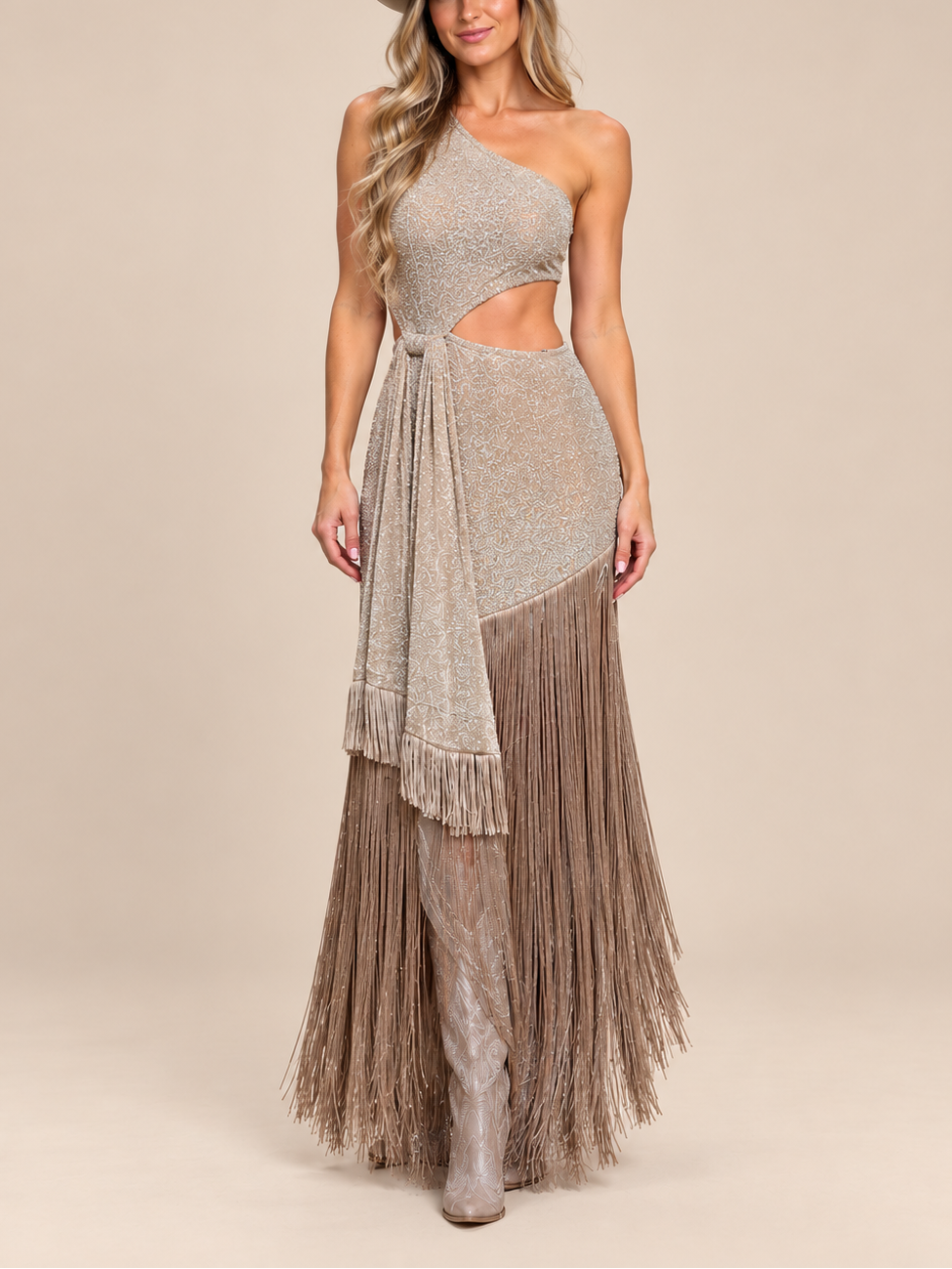 After Hours Fringe One-Shoulder Maxi Dress