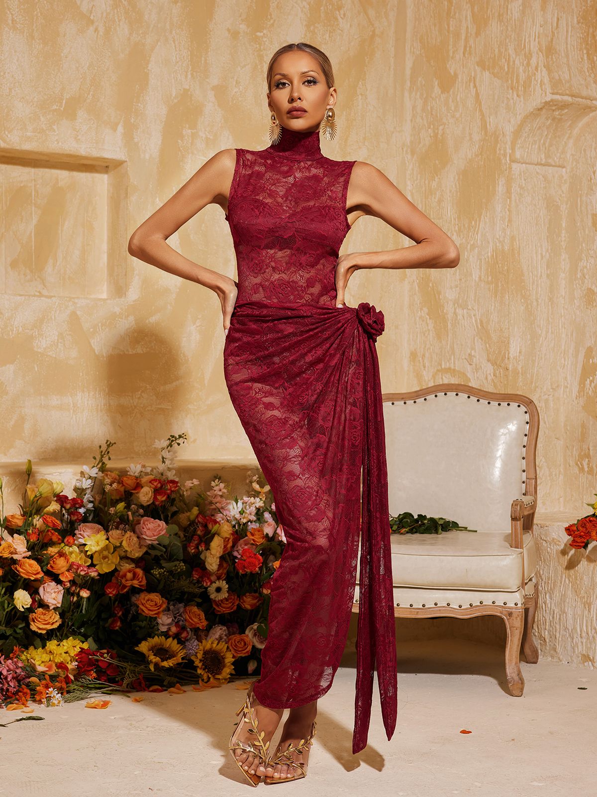 Aelithra High Neck Split Flower Maxi Dress In Wine