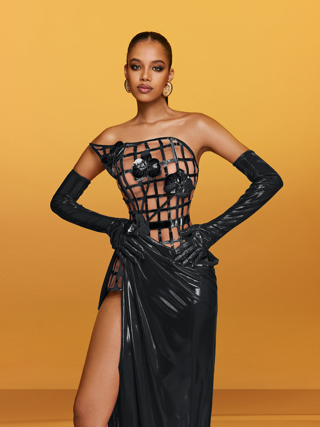 Aethon Strapless Metallic Flower Maxi Dress In Black