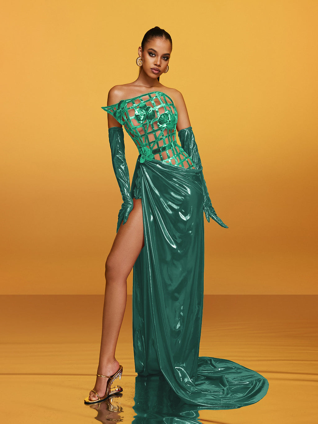 Aethon Strapless Metallic Flower Maxi Dress In Green