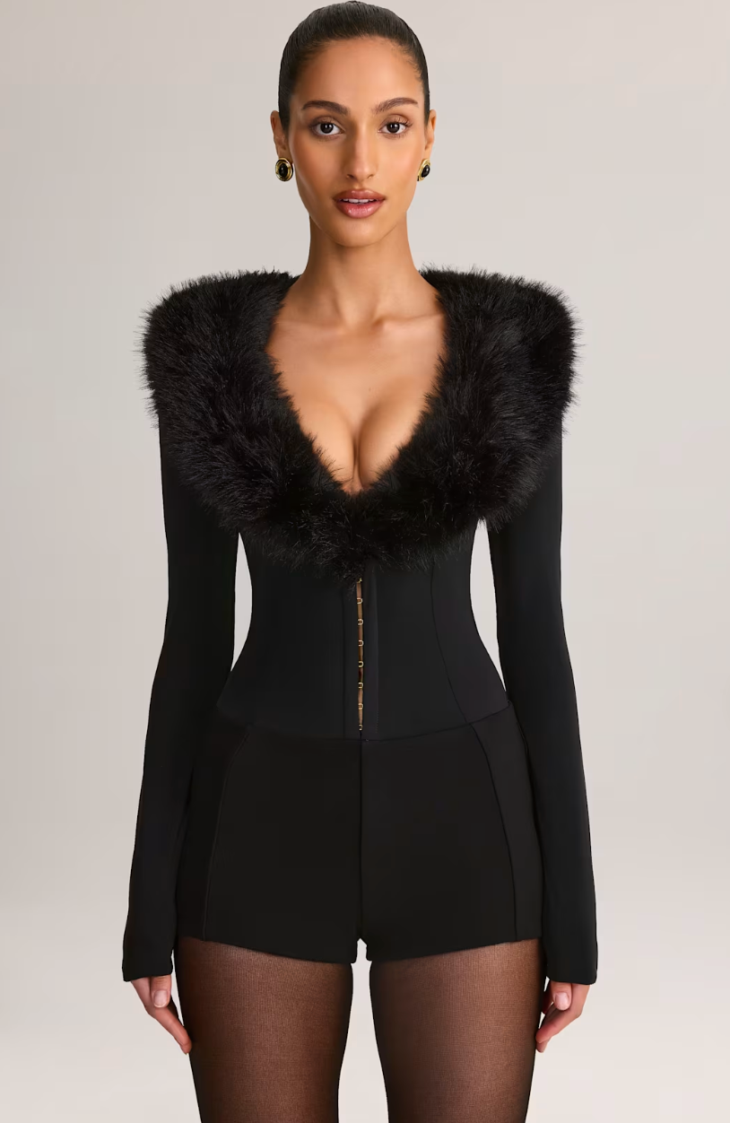 Faux Fur-Trim Playsuit in Black