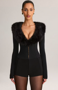 Faux Fur-Trim Playsuit in Black