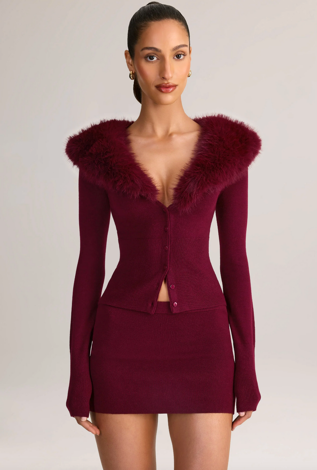 Faux Fur-Trim Cardigan and Mid-Rise Mini Skirt Set