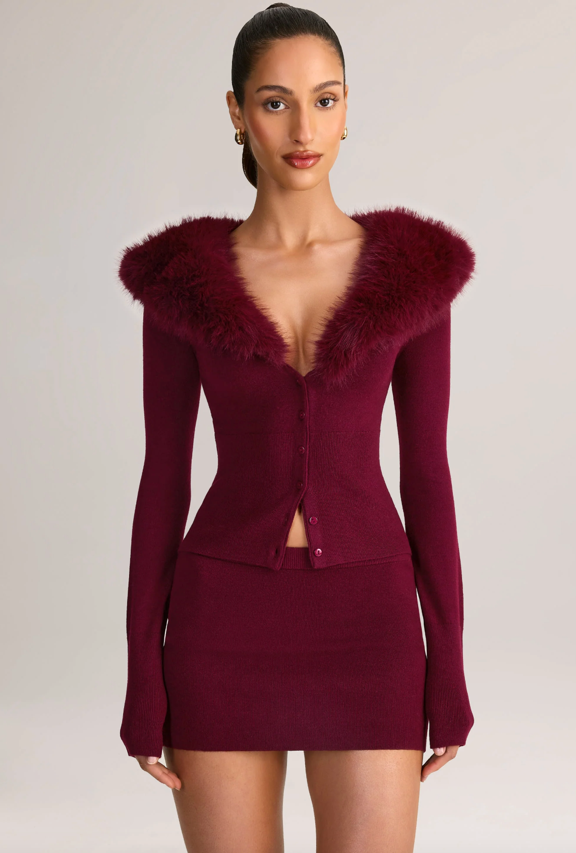 Faux Fur-Trim Cardigan and Mid-Rise Mini Skirt Set