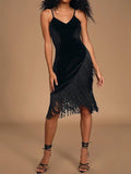 Black Velvet Sleeveless Fringe Midi Dress