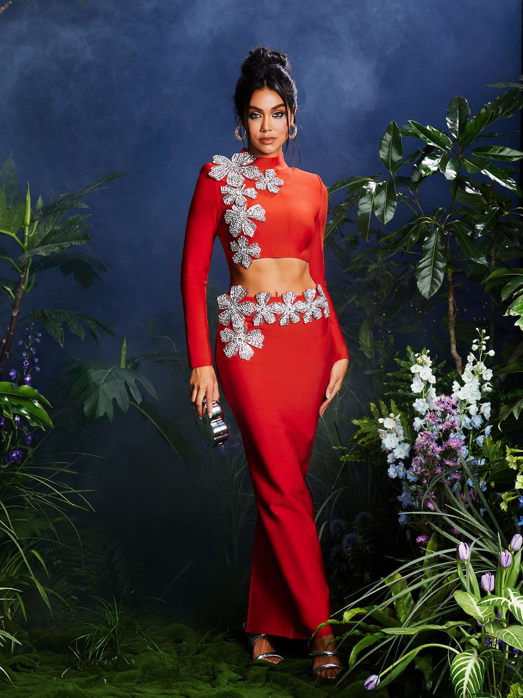 Almira Long Sleeve Flower Bandage Skirt Set In Red