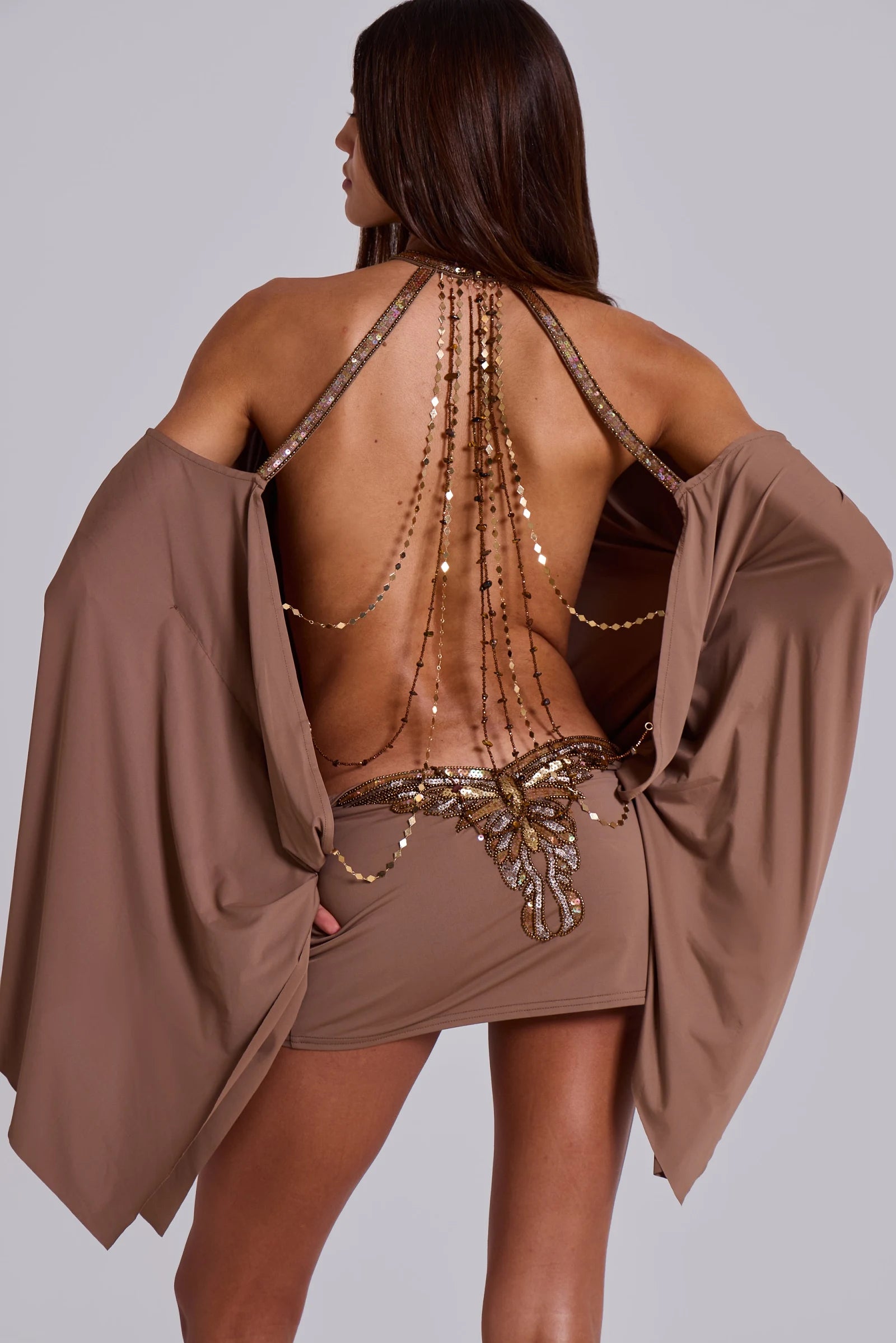Brown Alula Embellished Butterfly Mini Dress