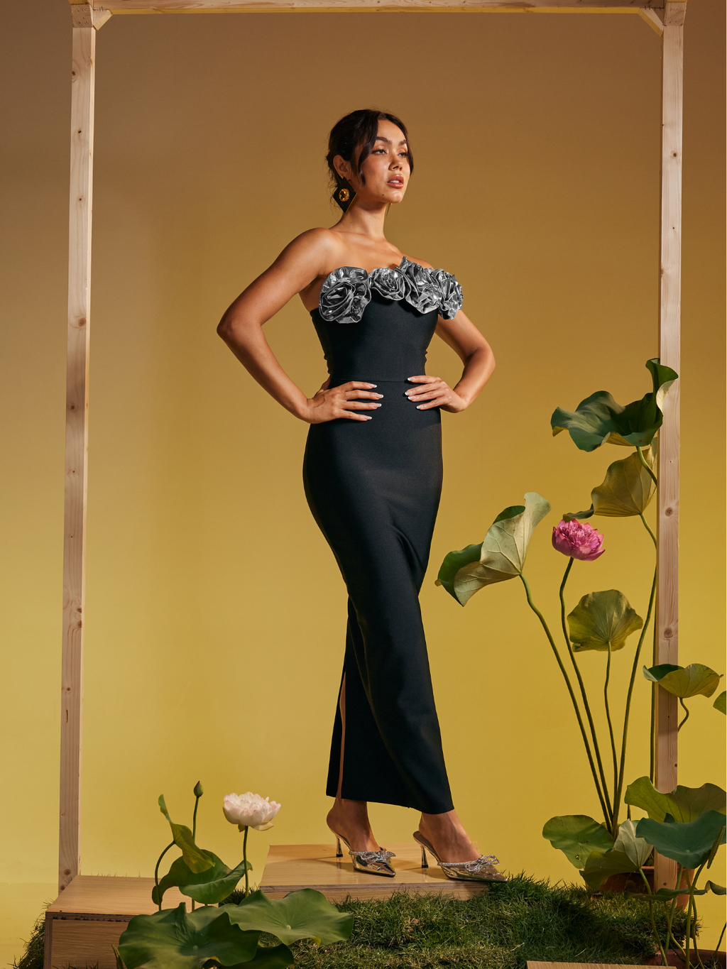 Arnau One Shoulder Flower Bandage Maxi Dress In Silver