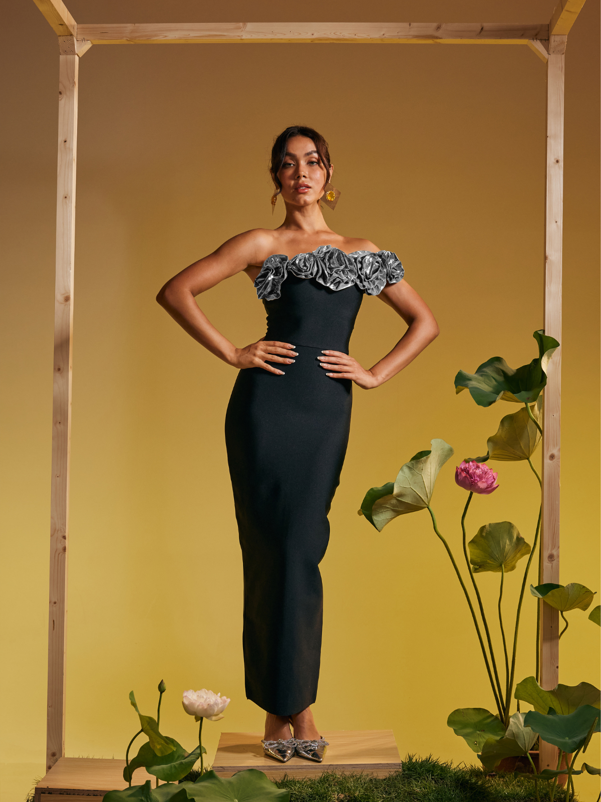 Arnau One Shoulder Flower Bandage Maxi Dress In Silver