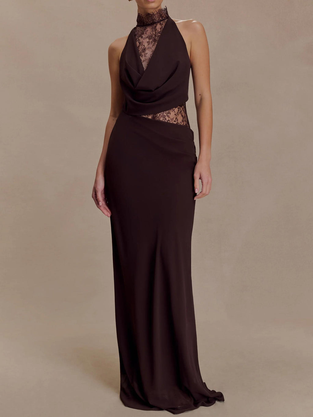 Chiffon And Lace Halter Brown Maxi Dress