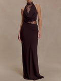 Chiffon And Lace Halter Brown Maxi Dress