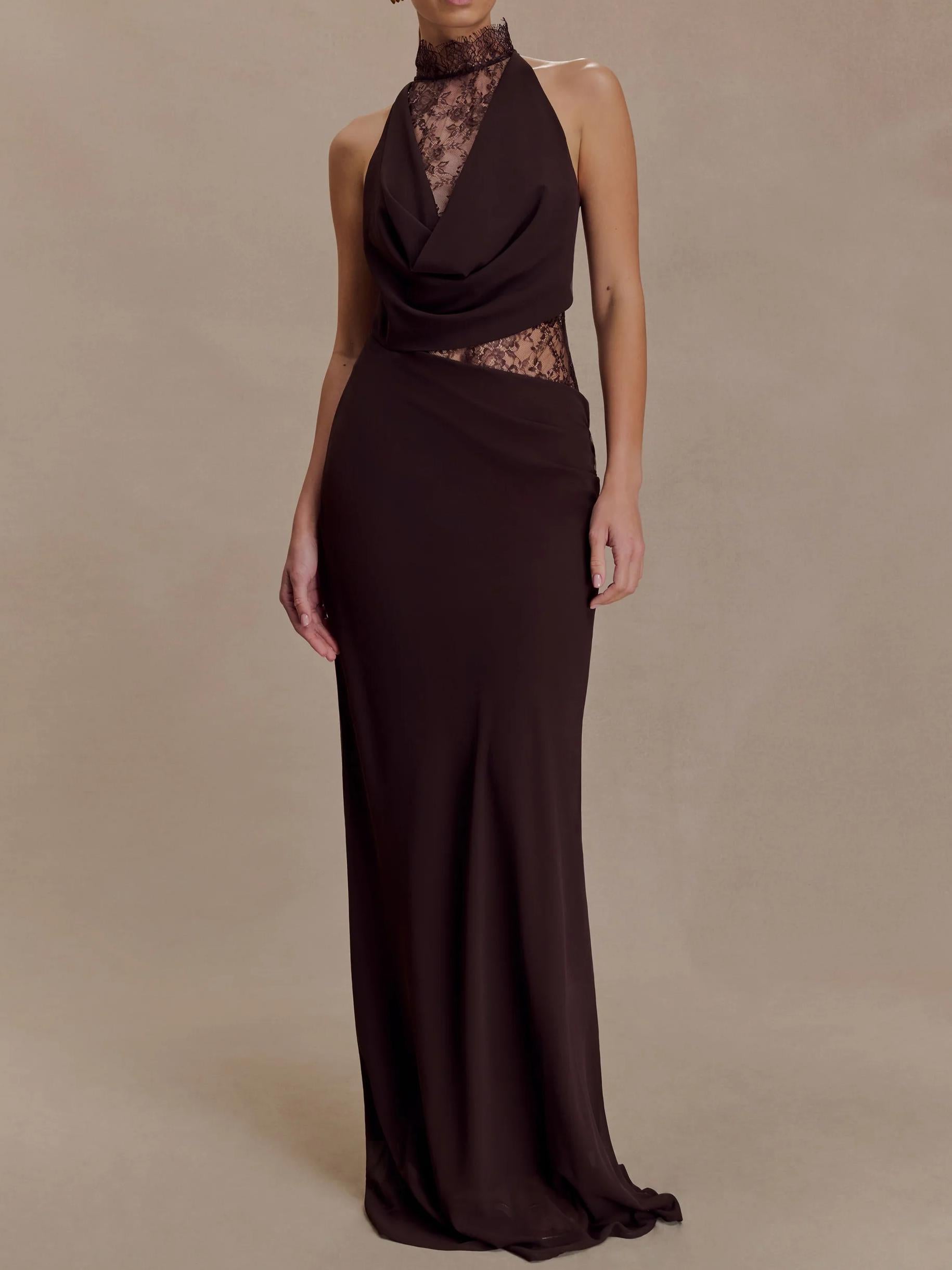 Chiffon And Lace Halter Brown Maxi Dress