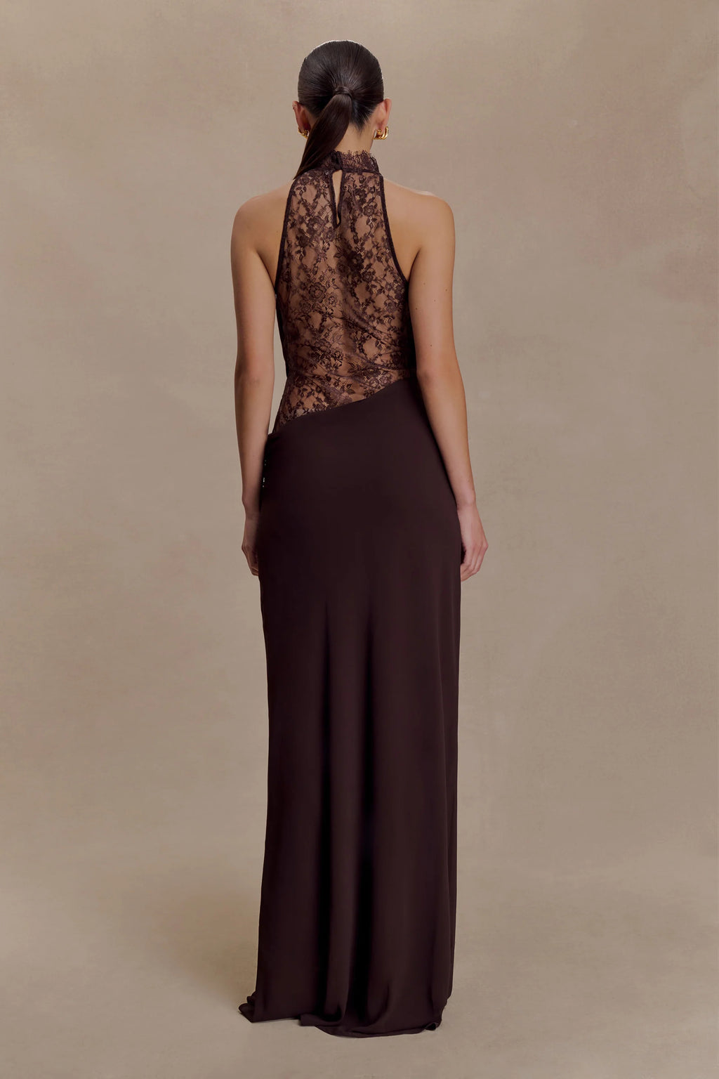 Chiffon And Lace Halter Brown Maxi Dress