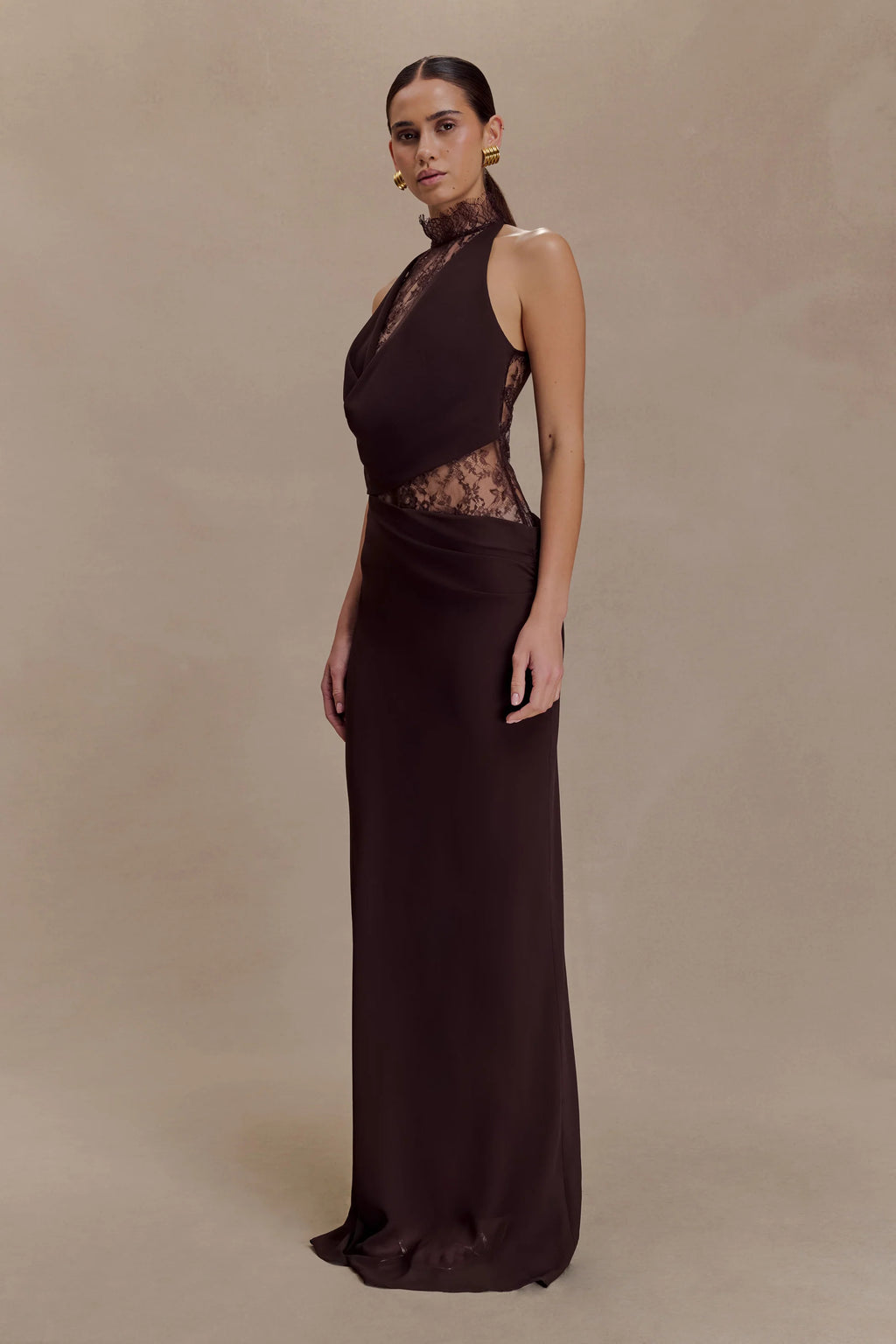 Chiffon And Lace Halter Brown Maxi Dress