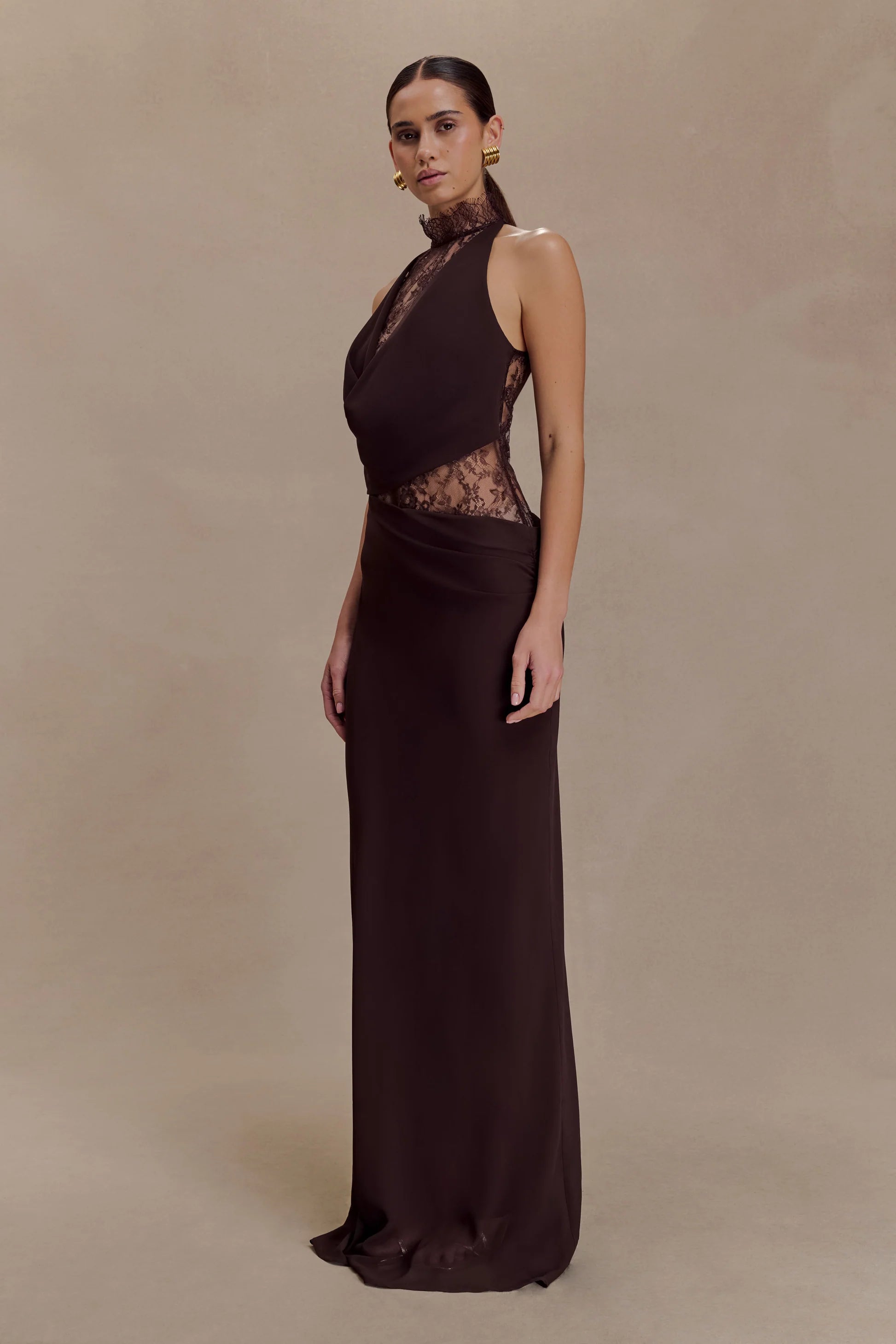 Chiffon And Lace Halter Brown Maxi Dress