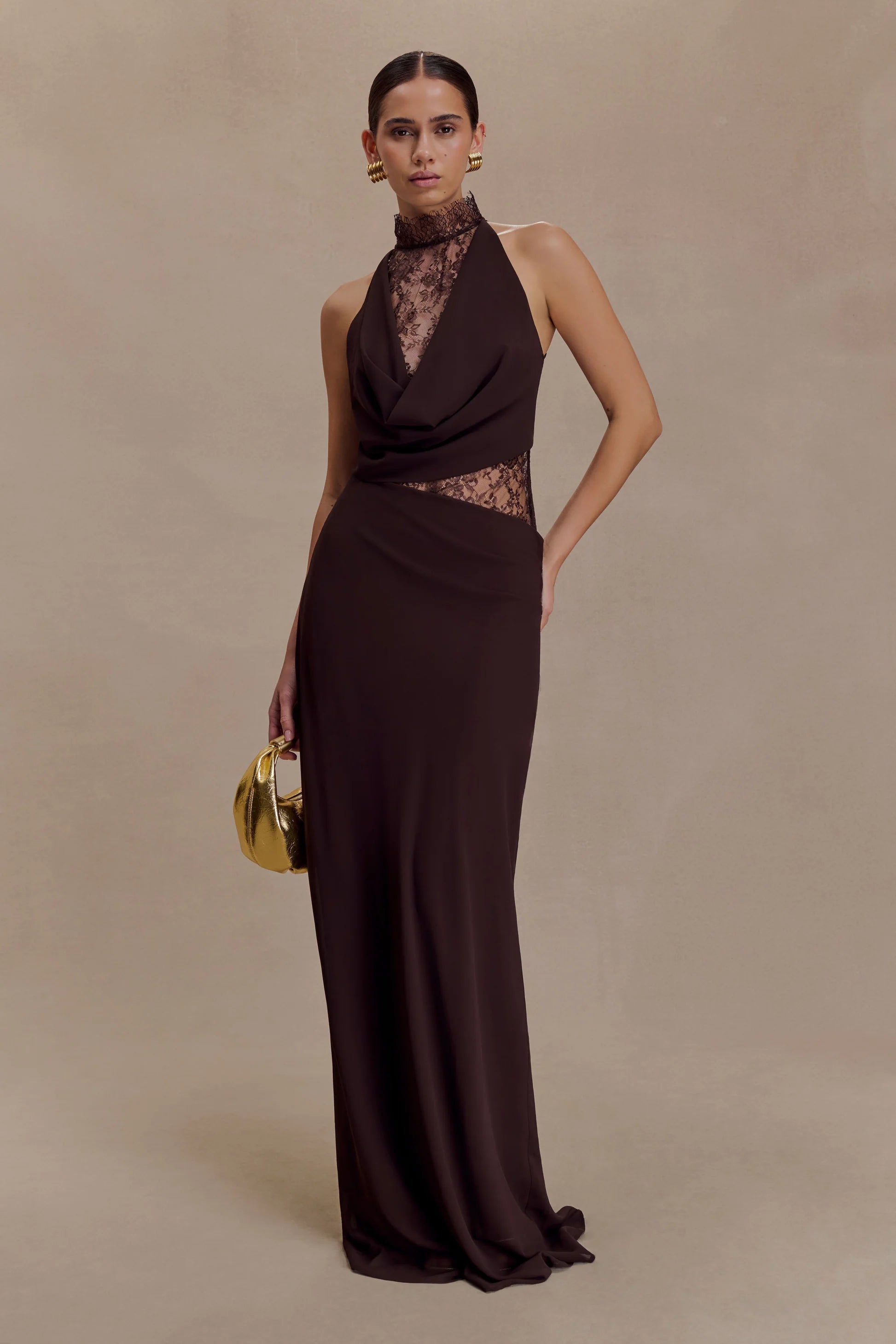 Chiffon And Lace Halter Brown Maxi Dress