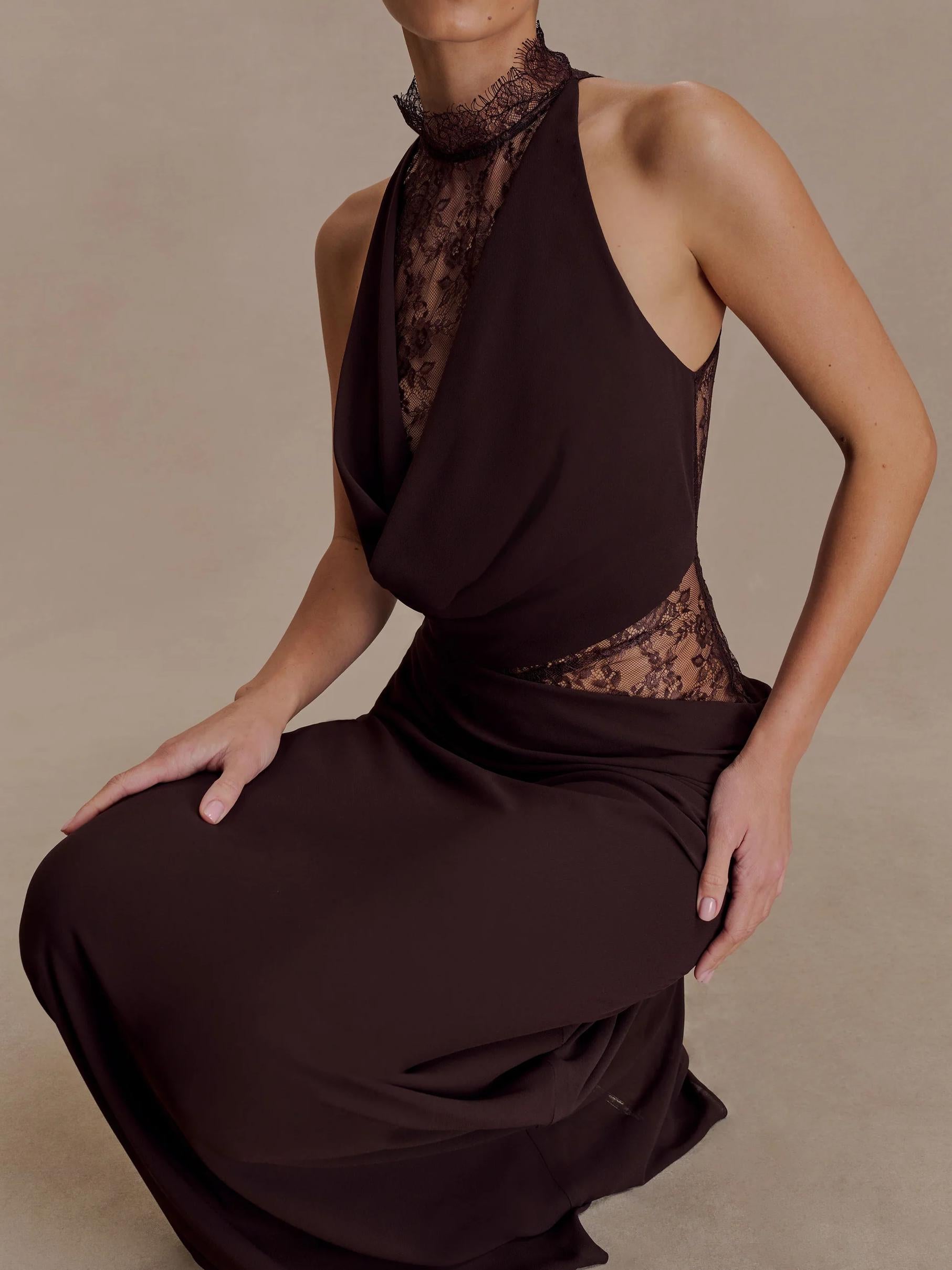 Chiffon And Lace Halter Brown Maxi Dress