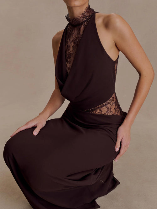 Chiffon And Lace Halter Brown Maxi Dress