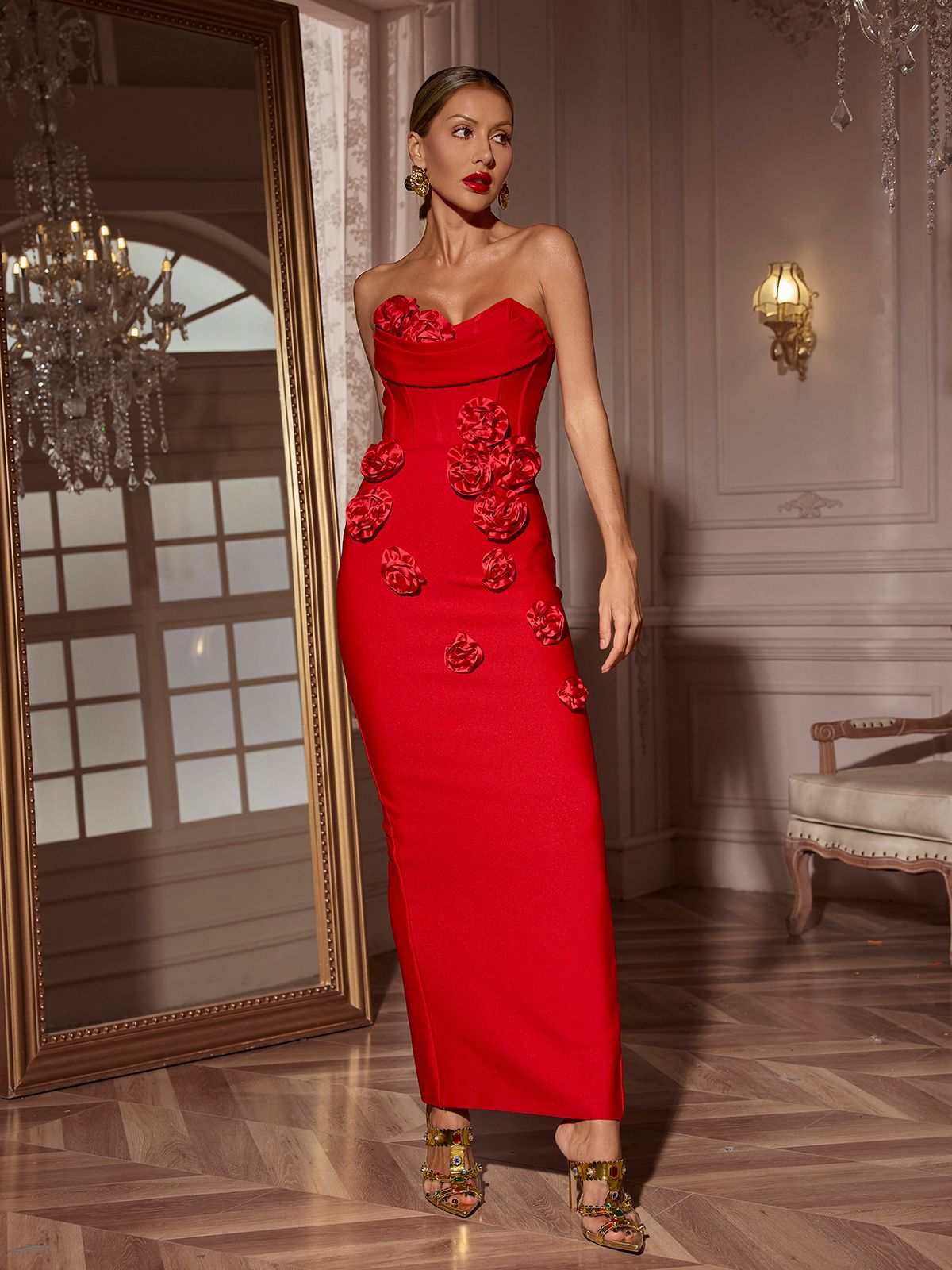 Arushi Strapless Flower Bandage Dress In Red