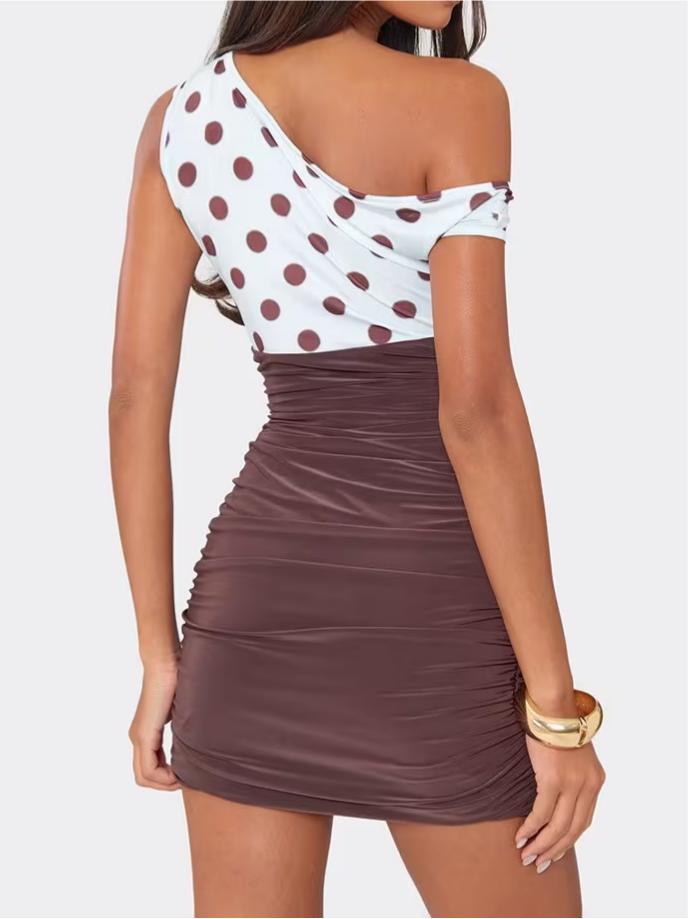 Asymmetric Neckline Mini Dress In Brown Polka Dot