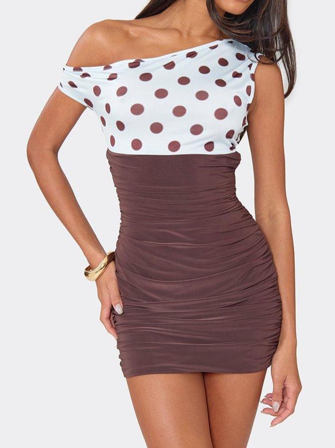 Asymmetric Neckline Mini Dress In Brown Polka Dot