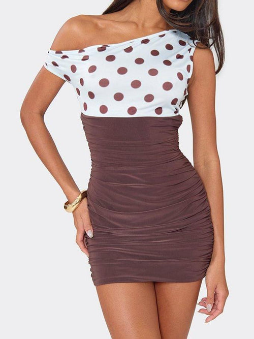 Asymmetric Neckline Mini Dress In Brown Polka Dot