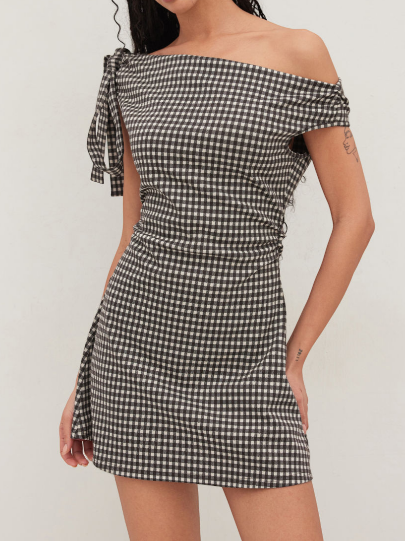 City Walk Chic Gingham One Shoulder Dress