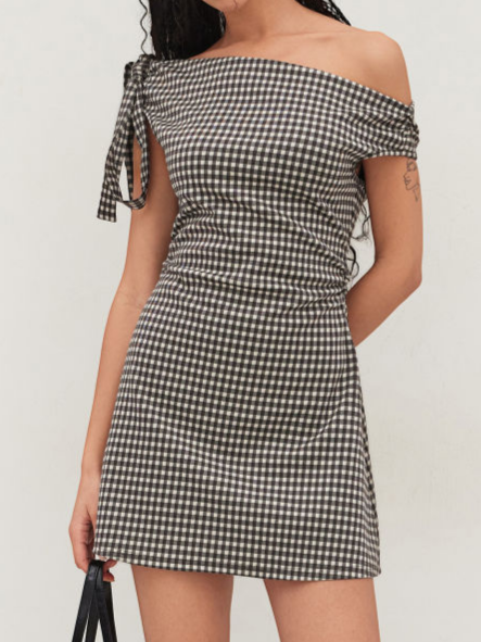 City Walk Chic Gingham One Shoulder Dress
