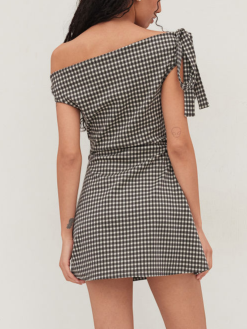 City Walk Chic Gingham One Shoulder Dress