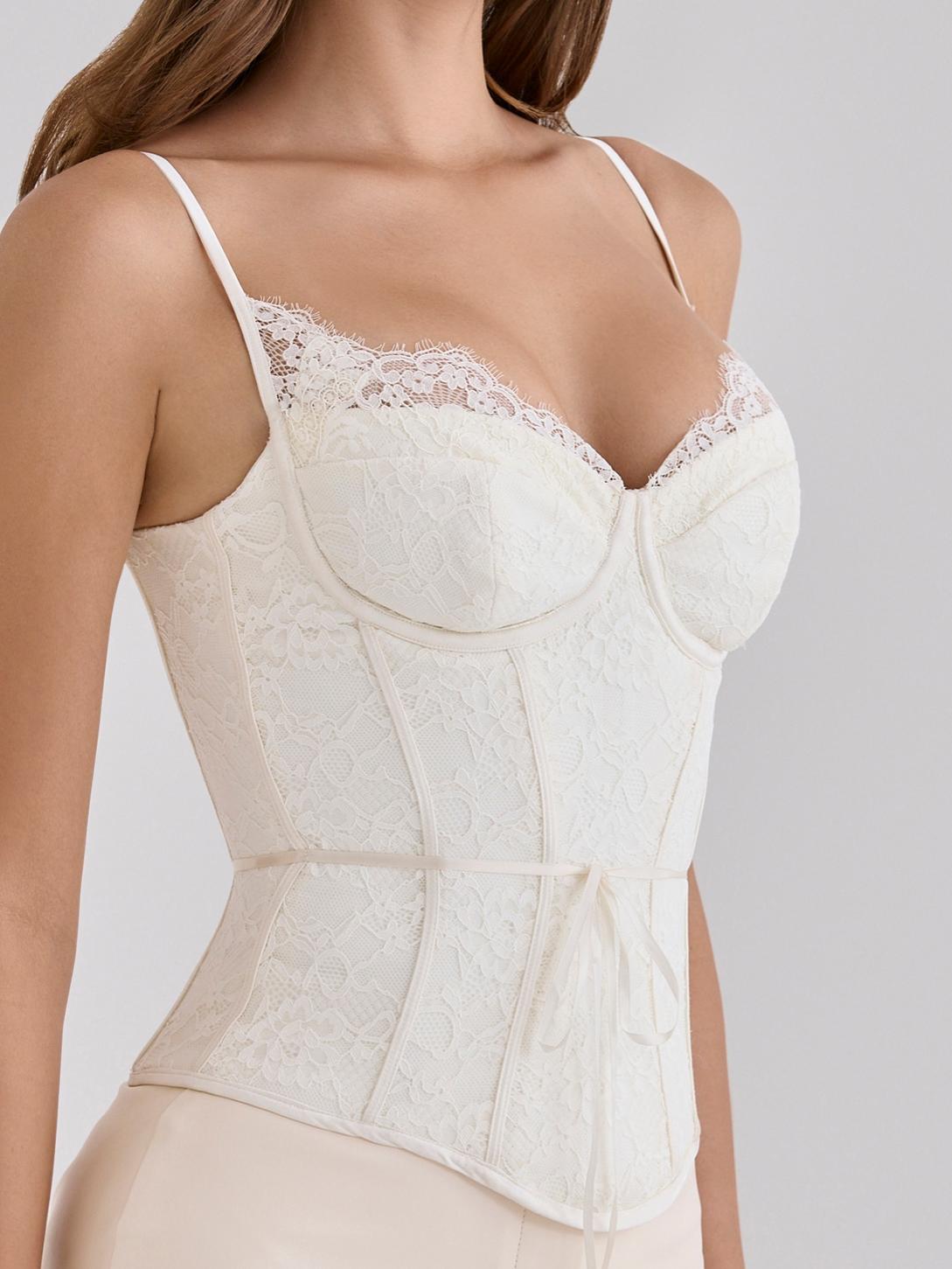 Ivory Lace Corset Top With Ribbon Waist Tie