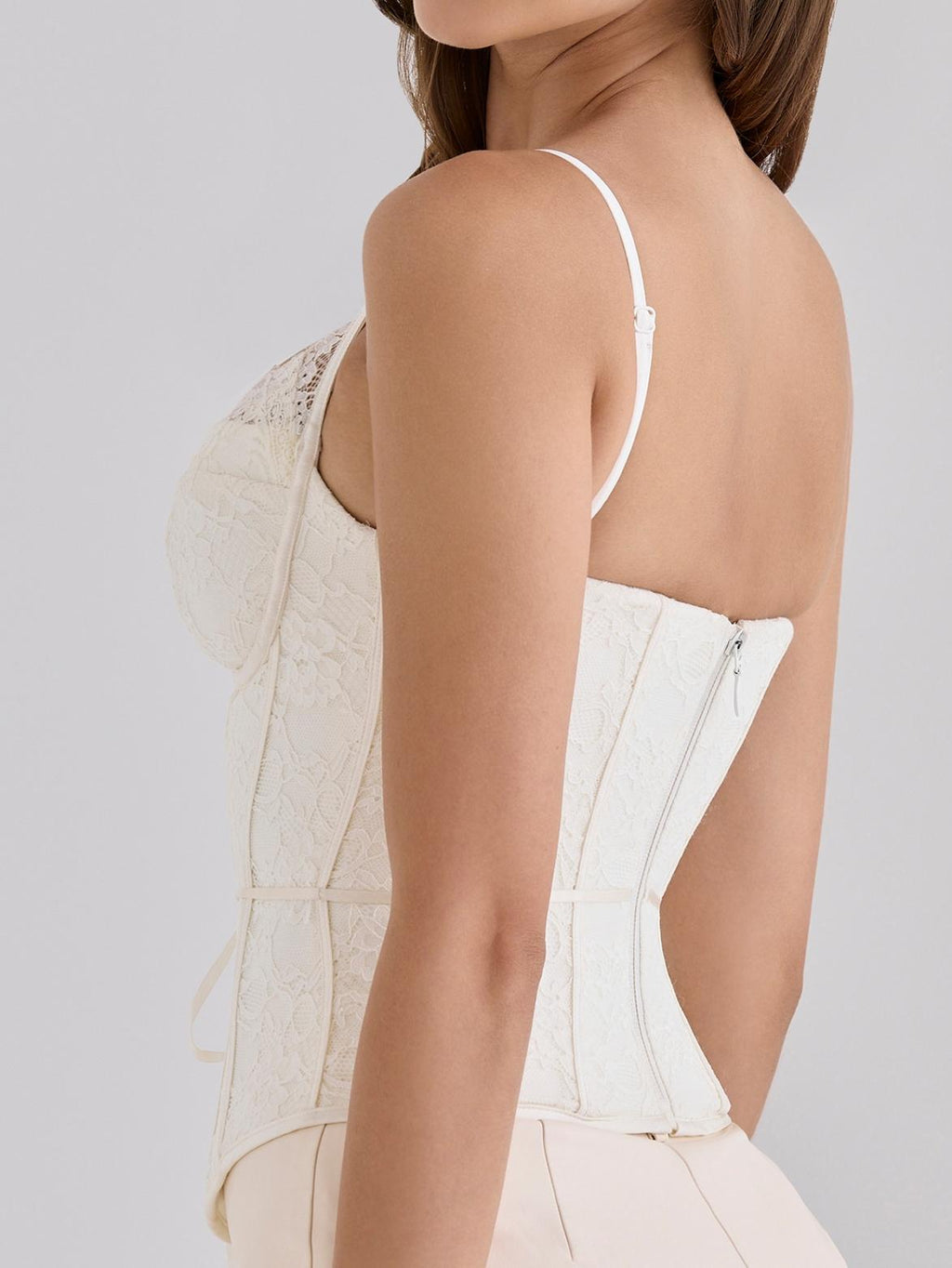 Ivory Lace Corset Top With Ribbon Waist Tie