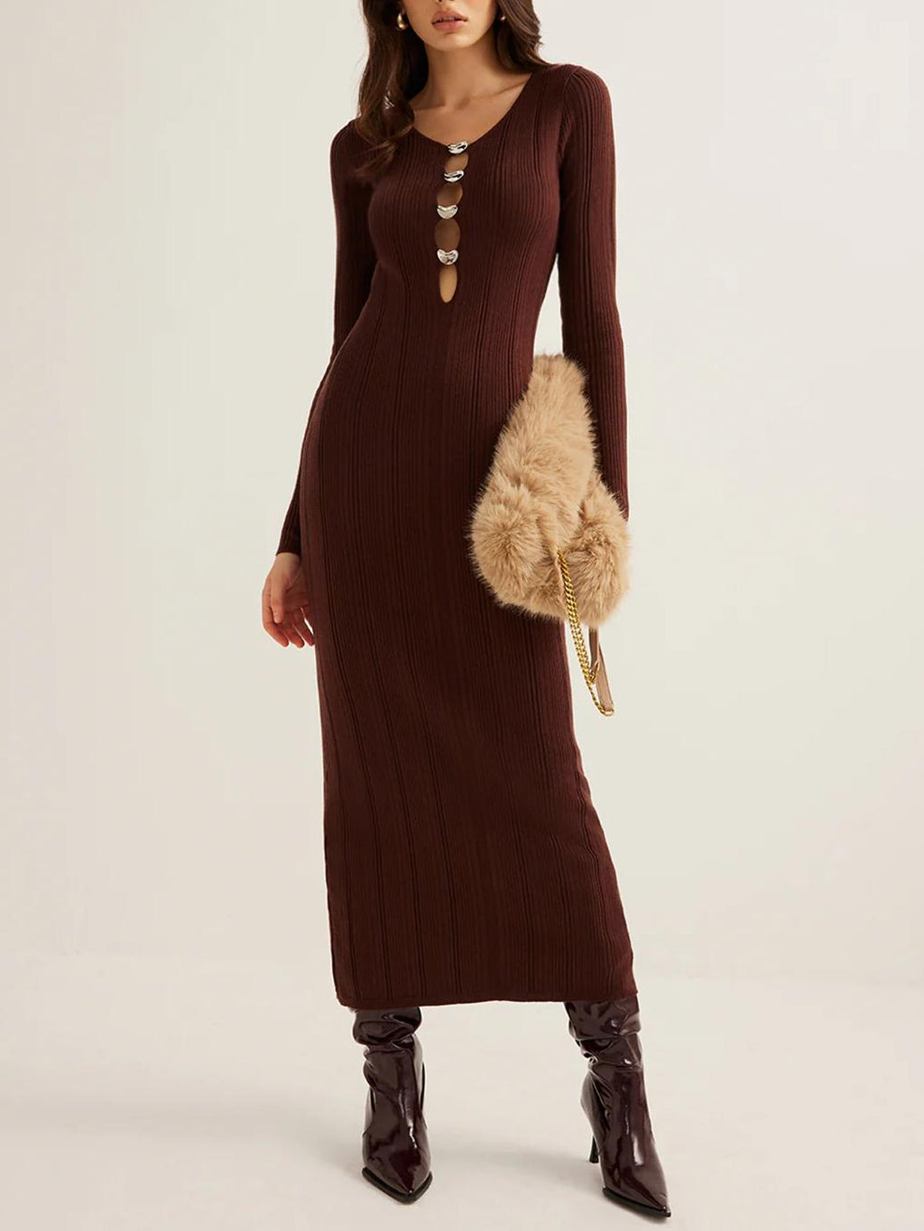 Warm Comfortable Elegance Dark Brown Knit Maxi Dress