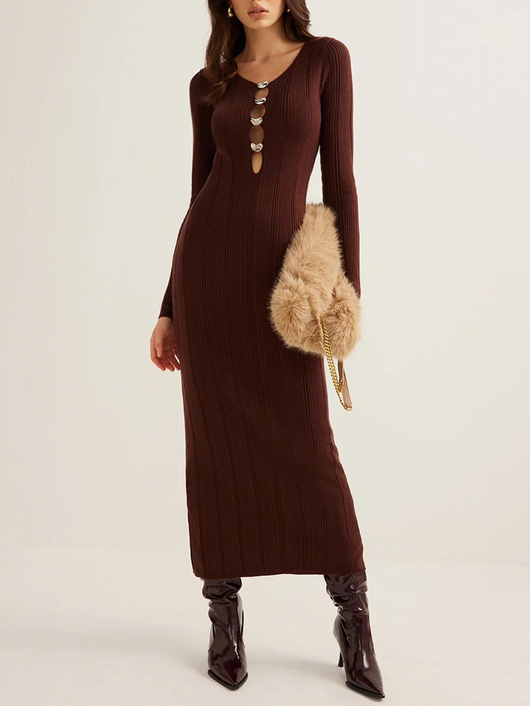 Warm Comfortable Elegance Dark Brown Knit Maxi Dress