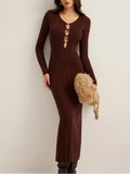 Warm Comfortable Elegance Dark Brown Knit Maxi Dress
