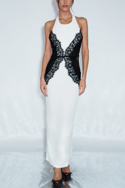 Lace Paneled Satin Backless Maxi Dress