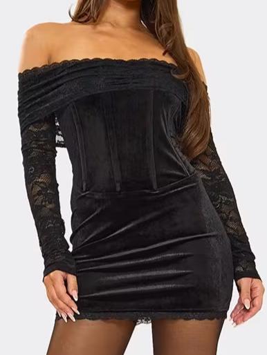 Bardot Fold Over Contrast Lace Corset Detail Mini Dress In Black Velvet