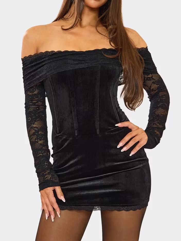 Bardot Fold Over Contrast Lace Corset Detail Mini Dress In Black Velvet