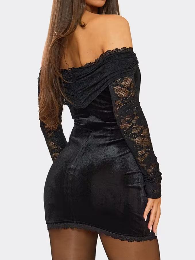 Bardot Fold Over Contrast Lace Corset Detail Mini Dress In Black Velvet