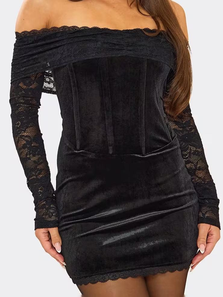 Bardot Fold Over Contrast Lace Corset Detail Mini Dress In Black Velvet