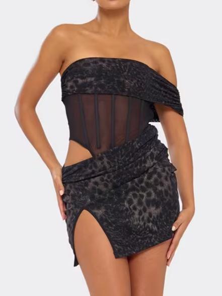 Bardot One Sleeve Mesh Panel Detail Mini Dress In Black Leopard Print
