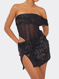 Bardot One Sleeve Mesh Panel Detail Mini Dress In Black Leopard Print