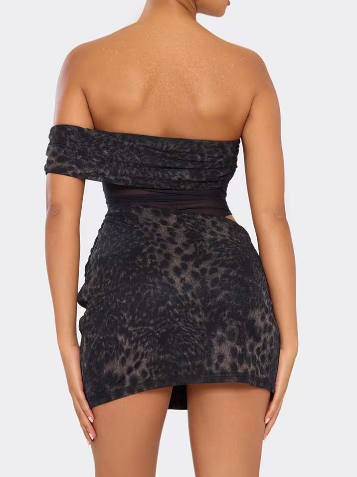 Bardot One Sleeve Mesh Panel Detail Mini Dress In Black Leopard Print