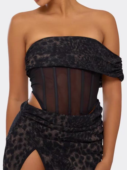 Bardot One Sleeve Mesh Panel Detail Mini Dress In Black Leopard Print