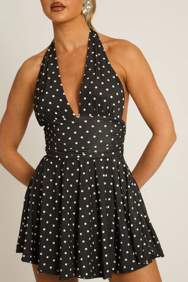 Plunge Halterneck Open Back Flippy Hem Mini Skater Dress