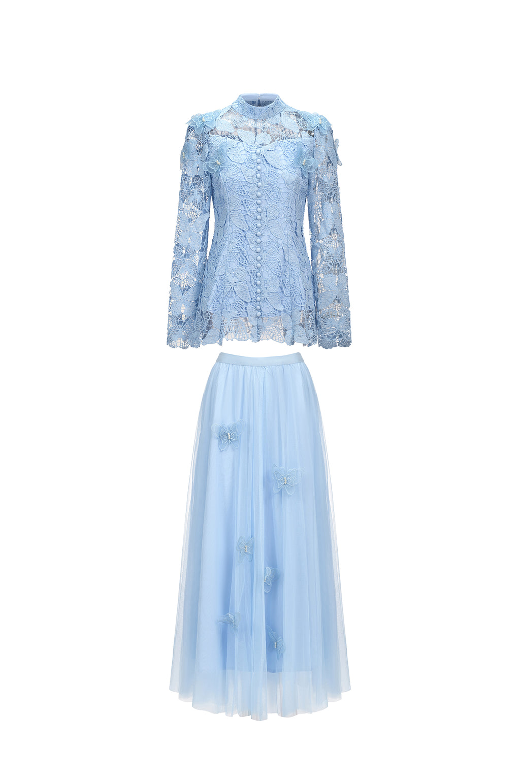 Sabina Long Sleeve Folds Lace Butterfly Top And Skirt Two-Piece Set