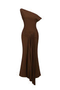 Paulina Oblique Shoulder Sleeveless Folds Brown Midi Dress