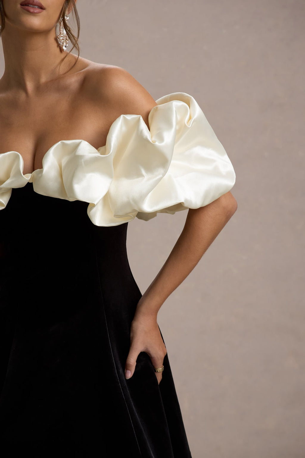 Black & Cream Velvet Mini Dress With Satin Puff Sleeves